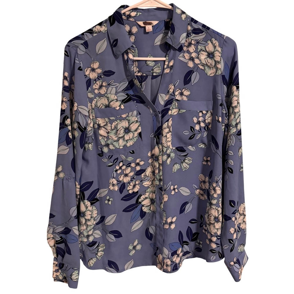Candies Blue Floral Button Down Blouse Long Roll Tab Sleeve Collared Shirt S
